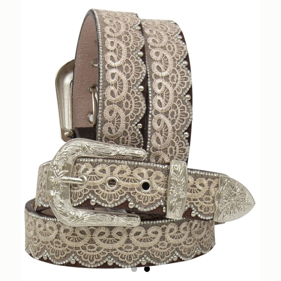 Angel Ranch Western Silver Rhinestone Lace Scalloped Feminine Belt Womens S - Picture 2 of 13